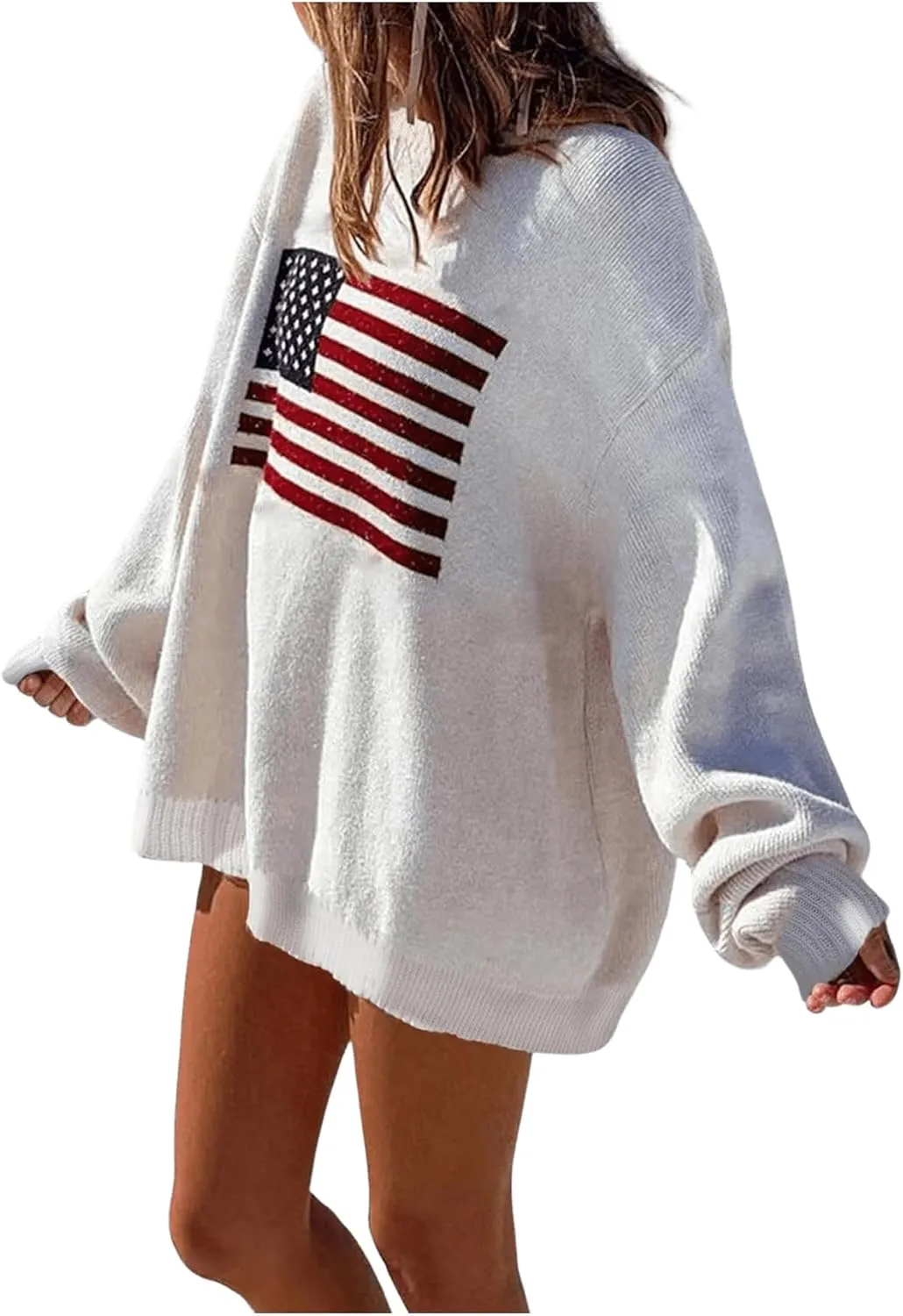 GORGLITTER Women's American Flag Graphic Long Sleeve Sweater Knit Round Neck Pullover Top