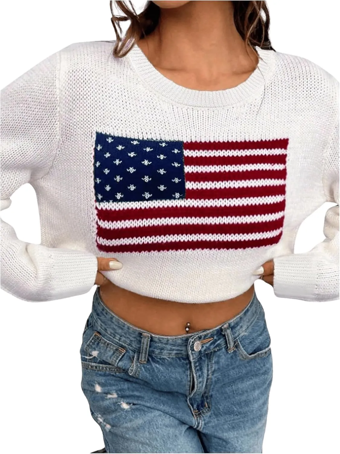 GORGLITTER Women's American Flag Graphic Long Sleeve Sweater Knit Round Neck Pullover Top
