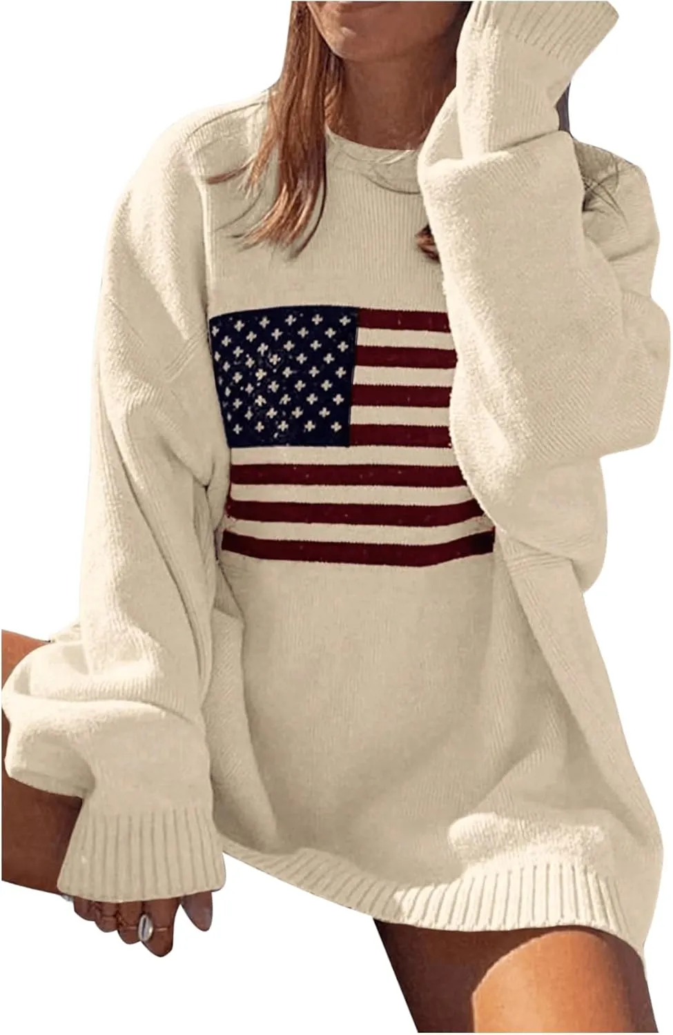 GORGLITTER Women's American Flag Graphic Long Sleeve Sweater Knit Round Neck Pullover Top