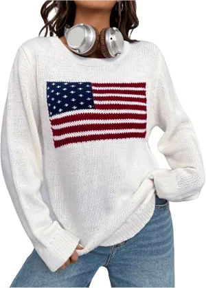 GORGLITTER Women's American Flag Graphic Long Sleeve Sweater Knit Round Neck Pullover Top