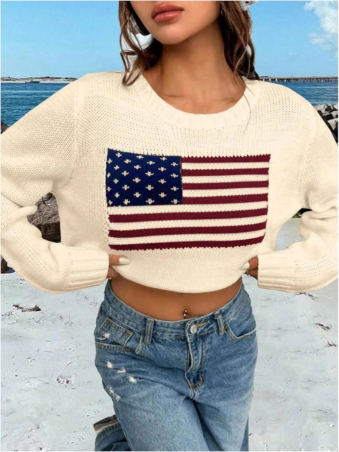 GORGLITTER Women's American Flag Graphic Long Sleeve Sweater Knit Round Neck Pullover Top