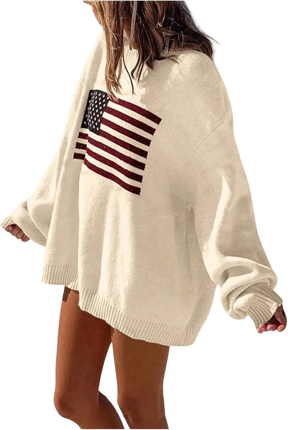 GORGLITTER Women's American Flag Graphic Long Sleeve Sweater Knit Round Neck Pullover Top