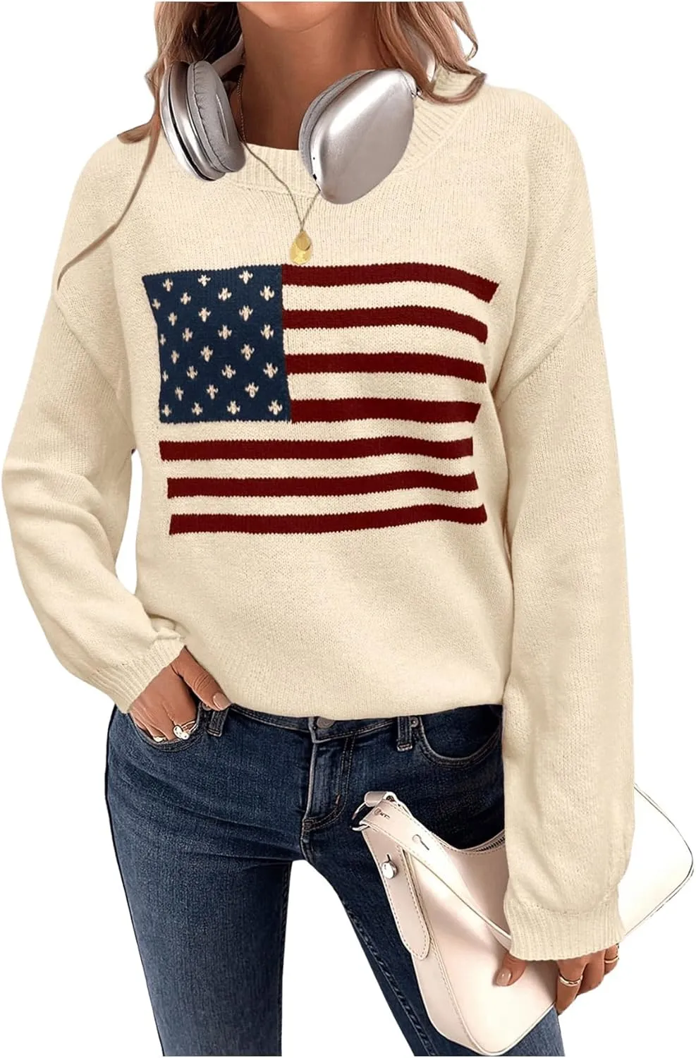 GORGLITTER Women's American Flag Graphic Long Sleeve Sweater Knit Round Neck Pullover Top
