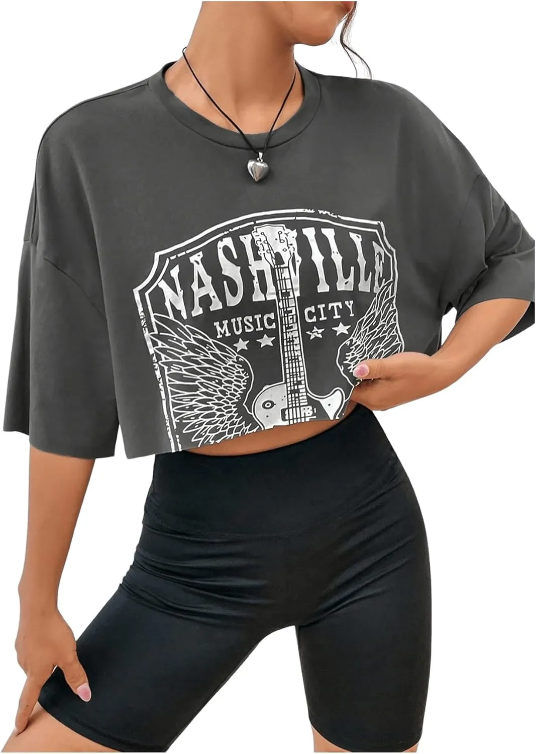 GORGLITTER Women's Graphic Oversized Crop Tops Vintage Half Sleeve Crewneck Drop Shoulder Jersey T Shirt