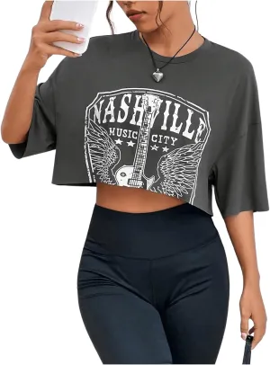 GORGLITTER Women's Graphic Oversized Crop Tops Vintage Half Sleeve Crewneck Drop Shoulder Jersey T Shirt