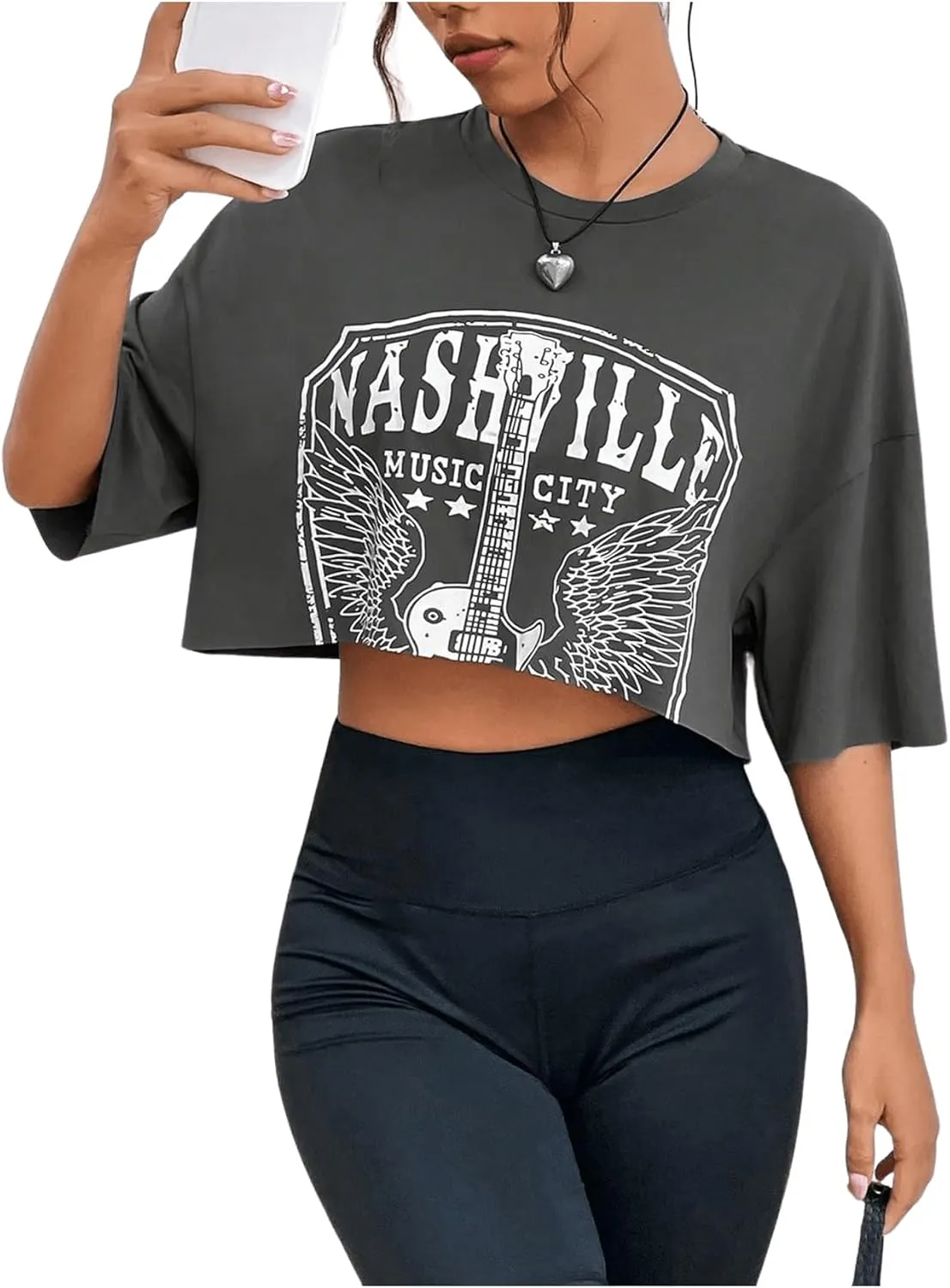 GORGLITTER Women's Graphic Oversized Crop Tops Vintage Half Sleeve Crewneck Drop Shoulder Jersey T Shirt