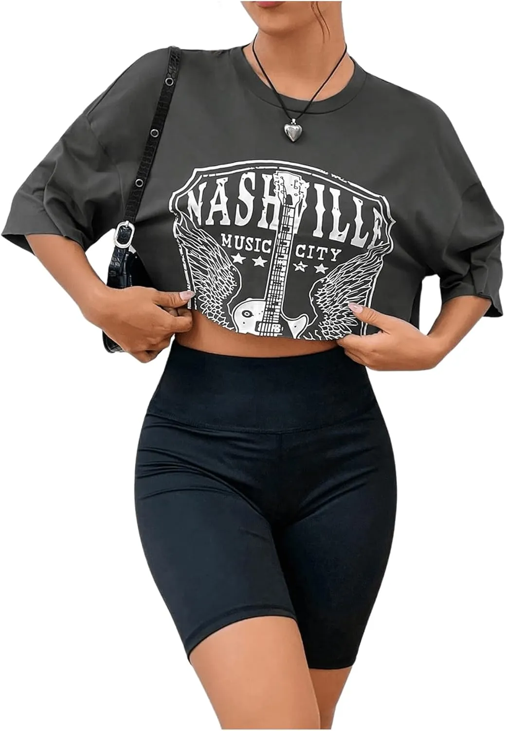 GORGLITTER Women's Graphic Oversized Crop Tops Vintage Half Sleeve Crewneck Drop Shoulder Jersey T Shirt