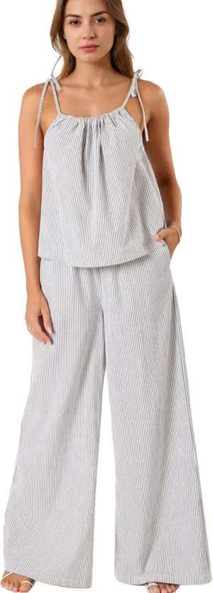 Hixiaohe Pajama Sets for Women 2 Piece Lounge Striped Sleeveless Tops Wide Leg Pants Matching Sets Womens Summer Outfits
