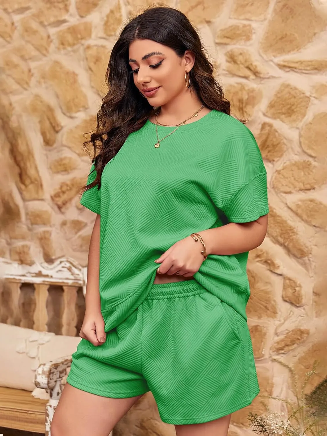 Imily Bela Womens Loungewear Set Short Sleeve Tops and Shorts 2 Piece Outfits Plus Size Oversized Pajama Set with Pockets
