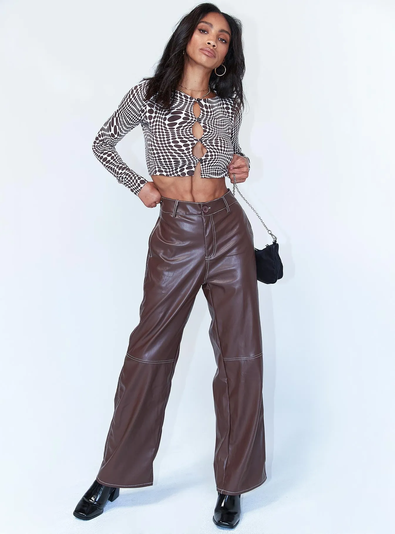 Jaylan Constrast PU Pants Brown