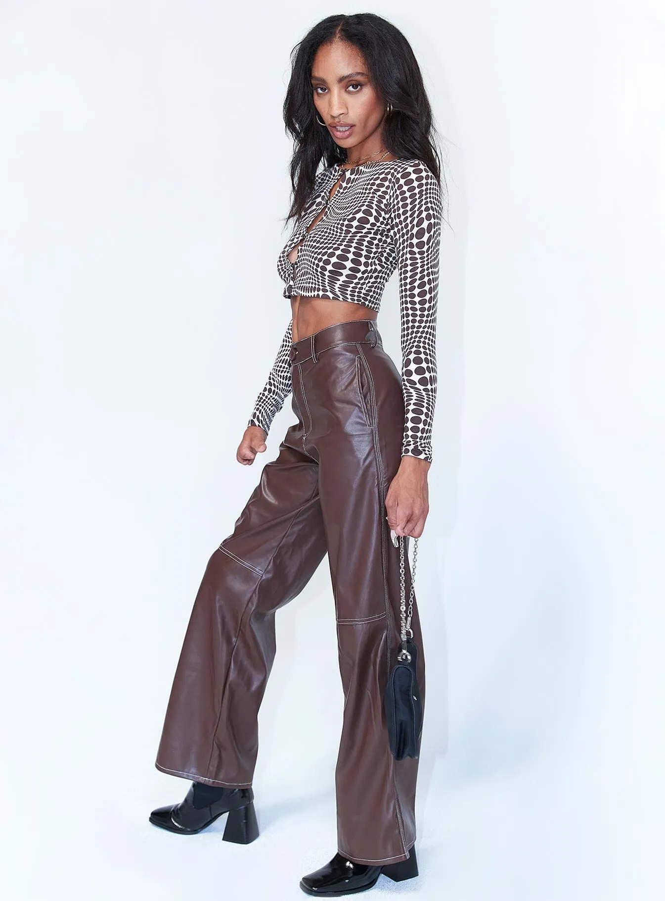 Jaylan Constrast PU Pants Brown