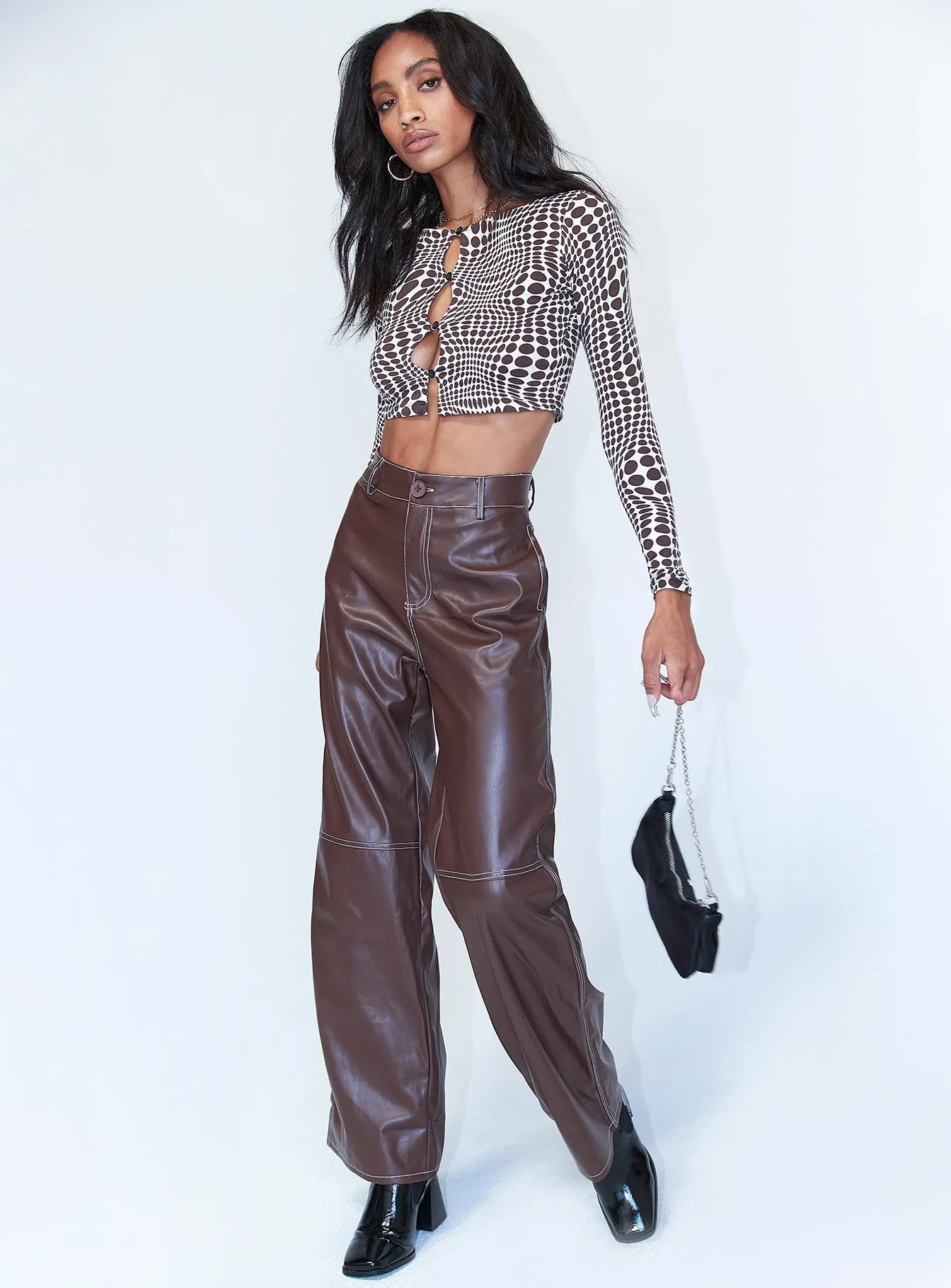 Jaylan Constrast PU Pants Brown