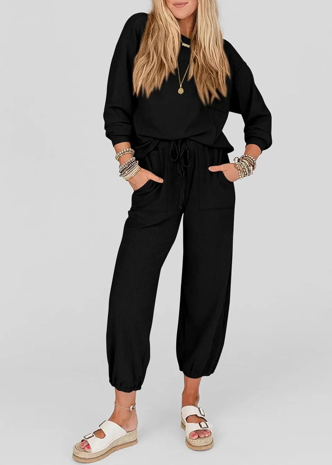 KIRUNDO Lounge Sets for Women Travel Airport Outfits Lightweight Tops Drawstring Pants Tracksuit Jogger Set Postpartum