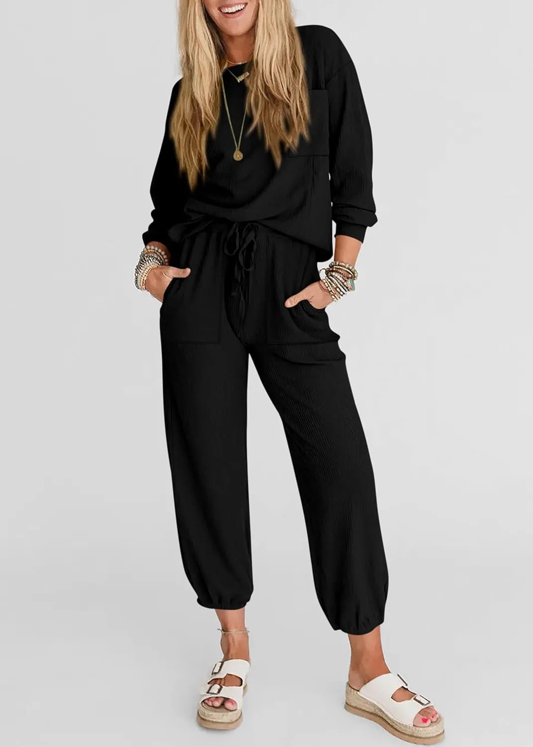 KIRUNDO Lounge Sets for Women Travel Airport Outfits Lightweight Tops Drawstring Pants Tracksuit Jogger Set Postpartum