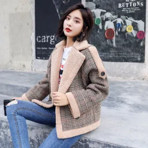 Lambs wool Coat New Lamb Cashmere Coats Women Fur Plaid Coat Casual Outerwear