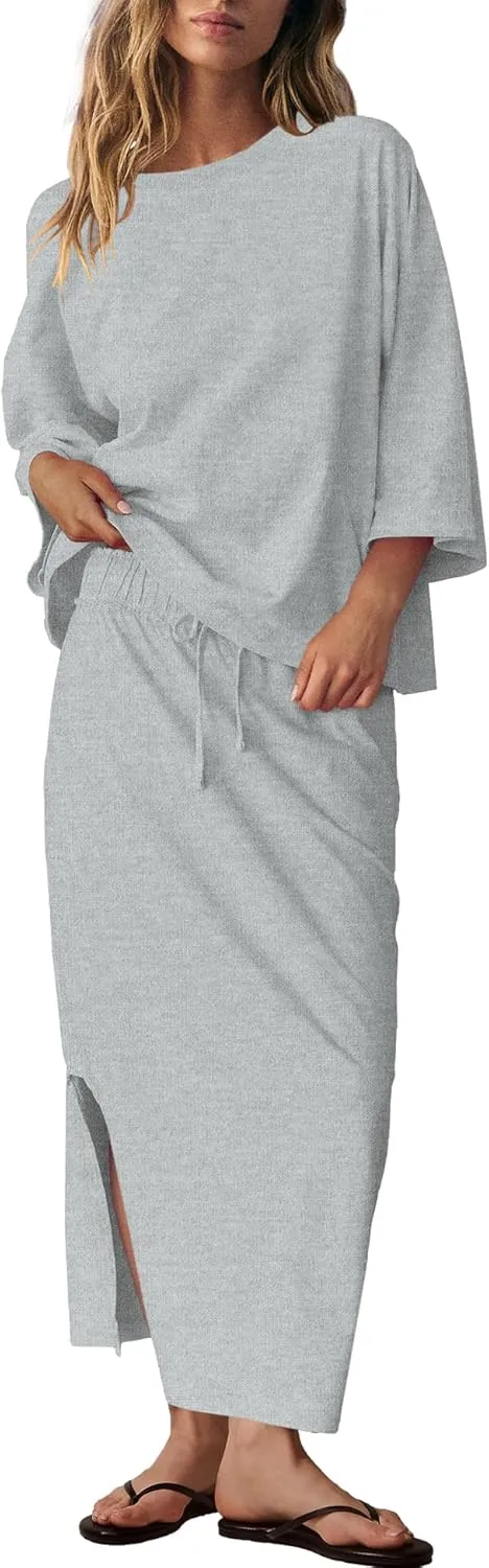 LAMISSCHE Skirt Sets Women 2 Piece Outfits Casual Lounge Set Back Vented Tops and Maxi Dress with Pockets
