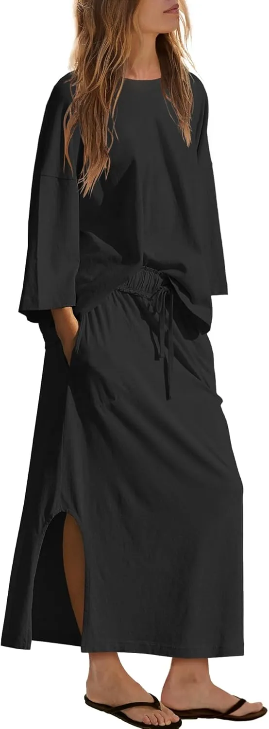 LAMISSCHE Skirt Sets Women 2 Piece Outfits Casual Lounge Set Back Vented Tops and Maxi Dress with Pockets