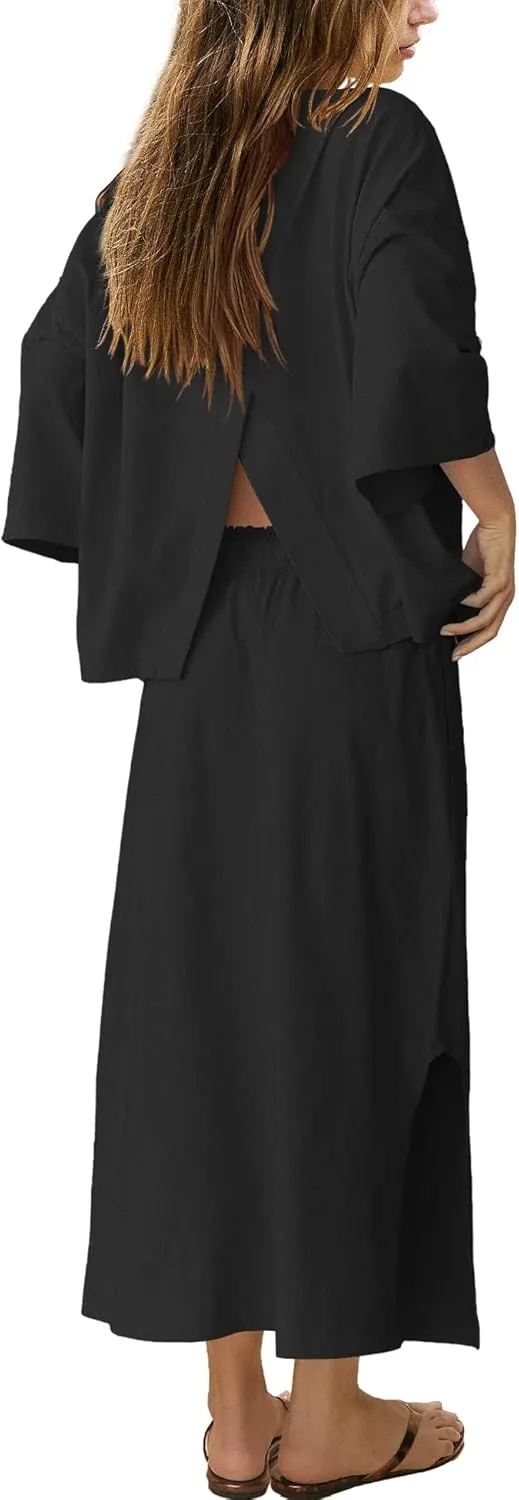 LAMISSCHE Skirt Sets Women 2 Piece Outfits Casual Lounge Set Back Vented Tops and Maxi Dress with Pockets