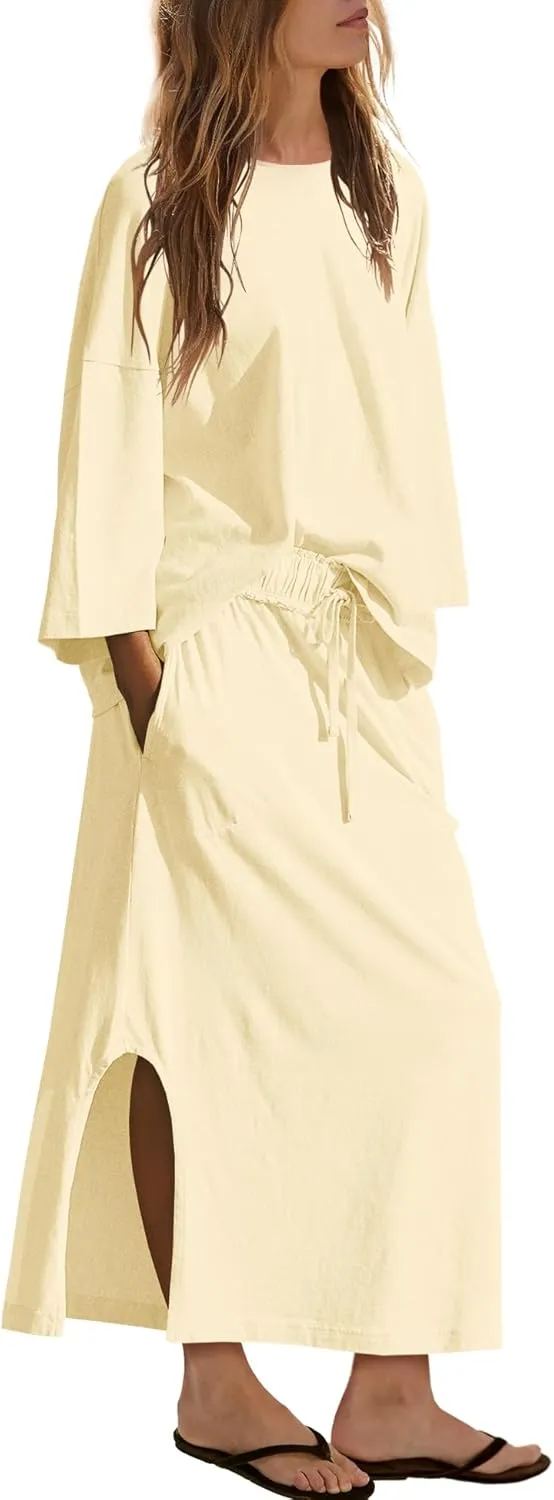 LAMISSCHE Skirt Sets Women 2 Piece Outfits Casual Lounge Set Back Vented Tops and Maxi Dress with Pockets