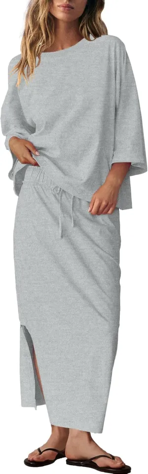 LAMISSCHE Skirt Sets Women 2 Piece Outfits Casual Lounge Set Back Vented Tops and Maxi Dress with Pockets