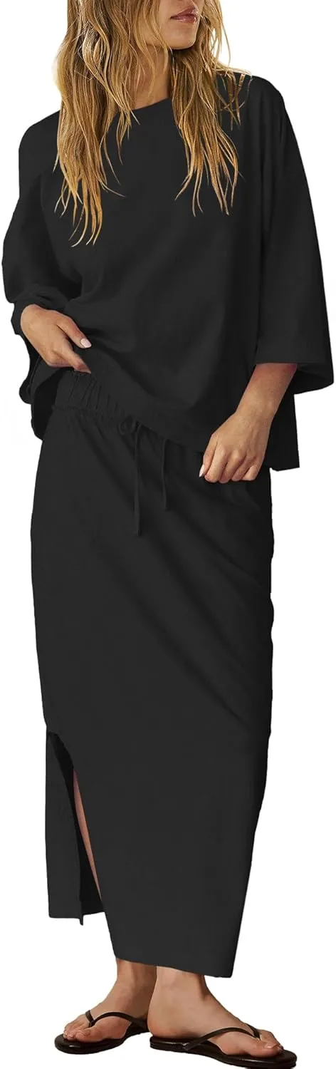 LAMISSCHE Skirt Sets Women 2 Piece Outfits Casual Lounge Set Back Vented Tops and Maxi Dress with Pockets