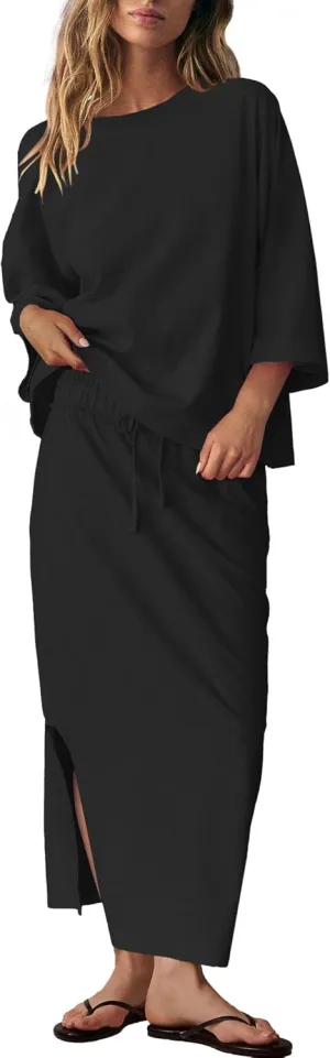 LAMISSCHE Skirt Sets Women 2 Piece Outfits Casual Lounge Set Back Vented Tops and Maxi Dress with Pockets