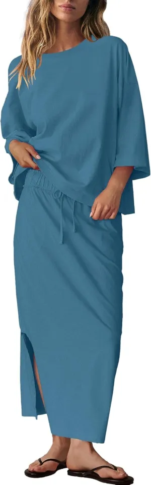 LAMISSCHE Skirt Sets Women 2 Piece Outfits Casual Lounge Set Back Vented Tops and Maxi Dress with Pockets