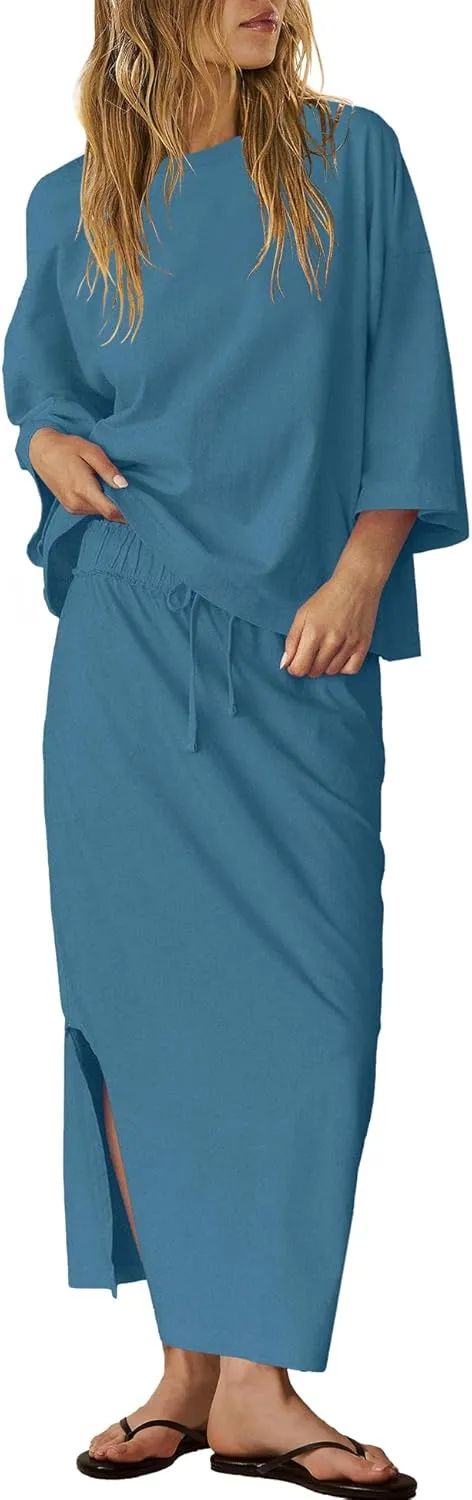 LAMISSCHE Skirt Sets Women 2 Piece Outfits Casual Lounge Set Back Vented Tops and Maxi Dress with Pockets