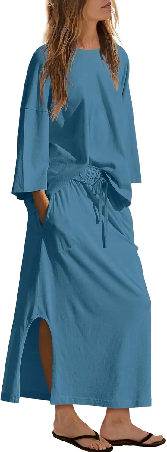 LAMISSCHE Skirt Sets Women 2 Piece Outfits Casual Lounge Set Back Vented Tops and Maxi Dress with Pockets