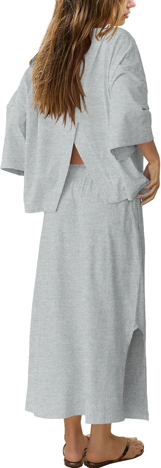 LAMISSCHE Skirt Sets Women 2 Piece Outfits Casual Lounge Set Back Vented Tops and Maxi Dress with Pockets