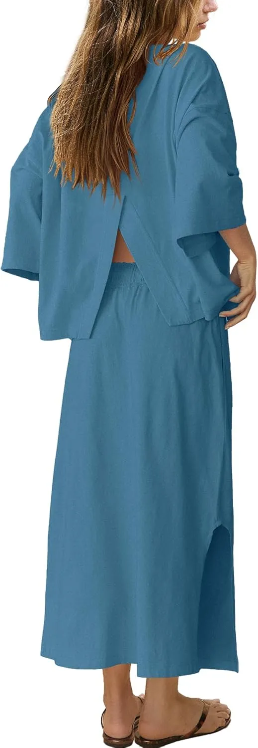 LAMISSCHE Skirt Sets Women 2 Piece Outfits Casual Lounge Set Back Vented Tops and Maxi Dress with Pockets