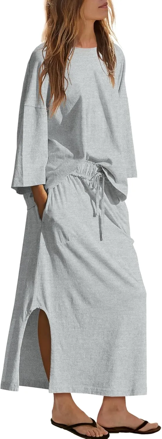 LAMISSCHE Skirt Sets Women 2 Piece Outfits Casual Lounge Set Back Vented Tops and Maxi Dress with Pockets