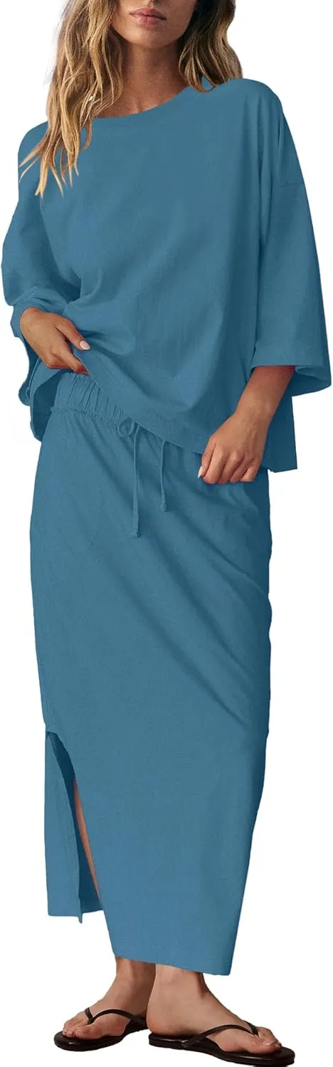 LAMISSCHE Skirt Sets Women 2 Piece Outfits Casual Lounge Set Back Vented Tops and Maxi Dress with Pockets