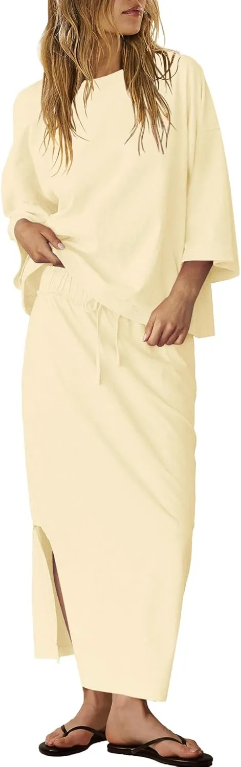 LAMISSCHE Skirt Sets Women 2 Piece Outfits Casual Lounge Set Back Vented Tops and Maxi Dress with Pockets