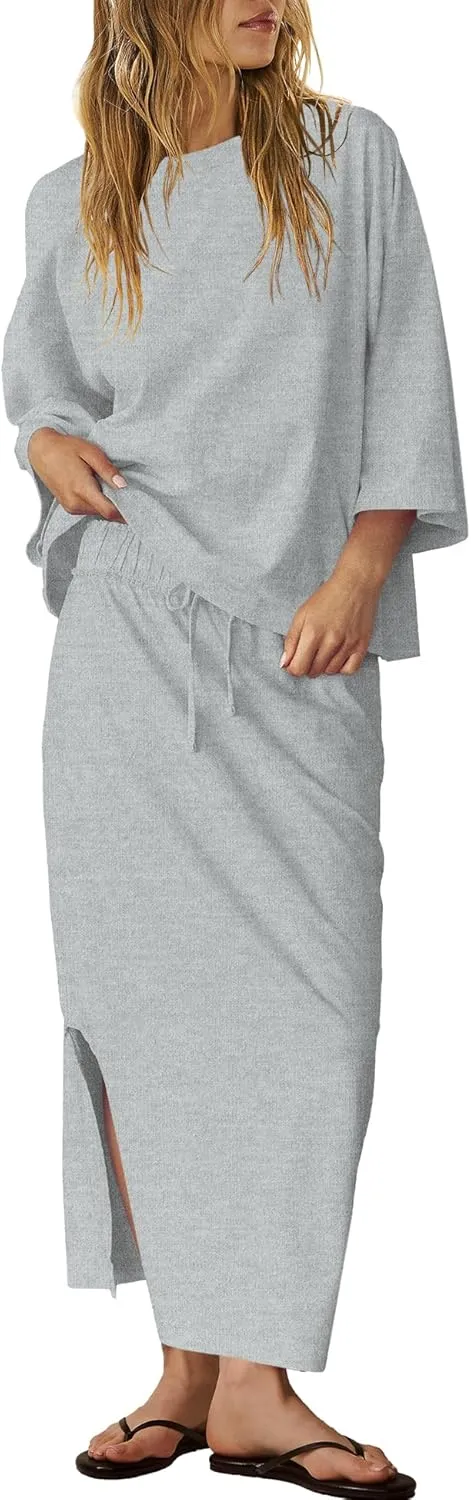 LAMISSCHE Skirt Sets Women 2 Piece Outfits Casual Lounge Set Back Vented Tops and Maxi Dress with Pockets