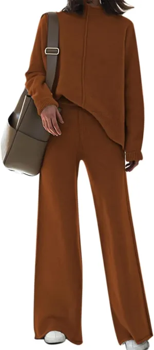 Linsery Women 2 Piece Outfits High Neck Knitted Sweater Wide Leg Pant Sweatsuit Lounge Sets