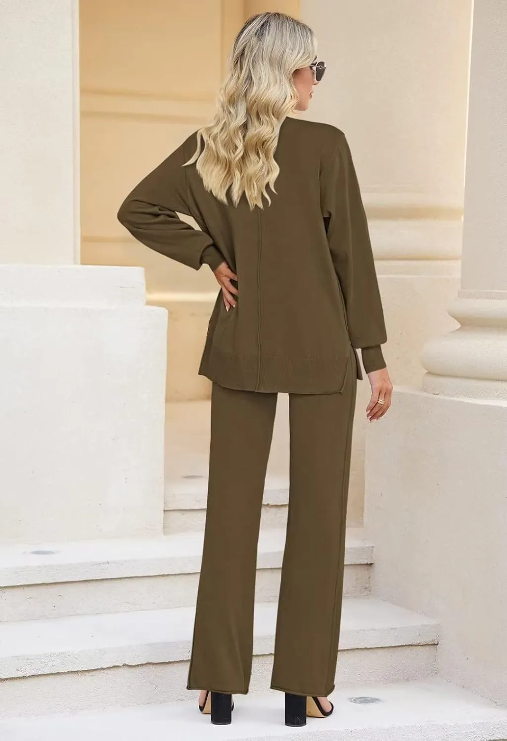 Linsery Women 2 Piece Outfits High Neck Knitted Sweater Wide Leg Pant Sweatsuit Lounge Sets