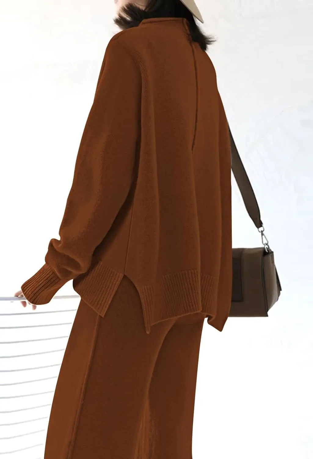 Linsery Women 2 Piece Outfits High Neck Knitted Sweater Wide Leg Pant Sweatsuit Lounge Sets