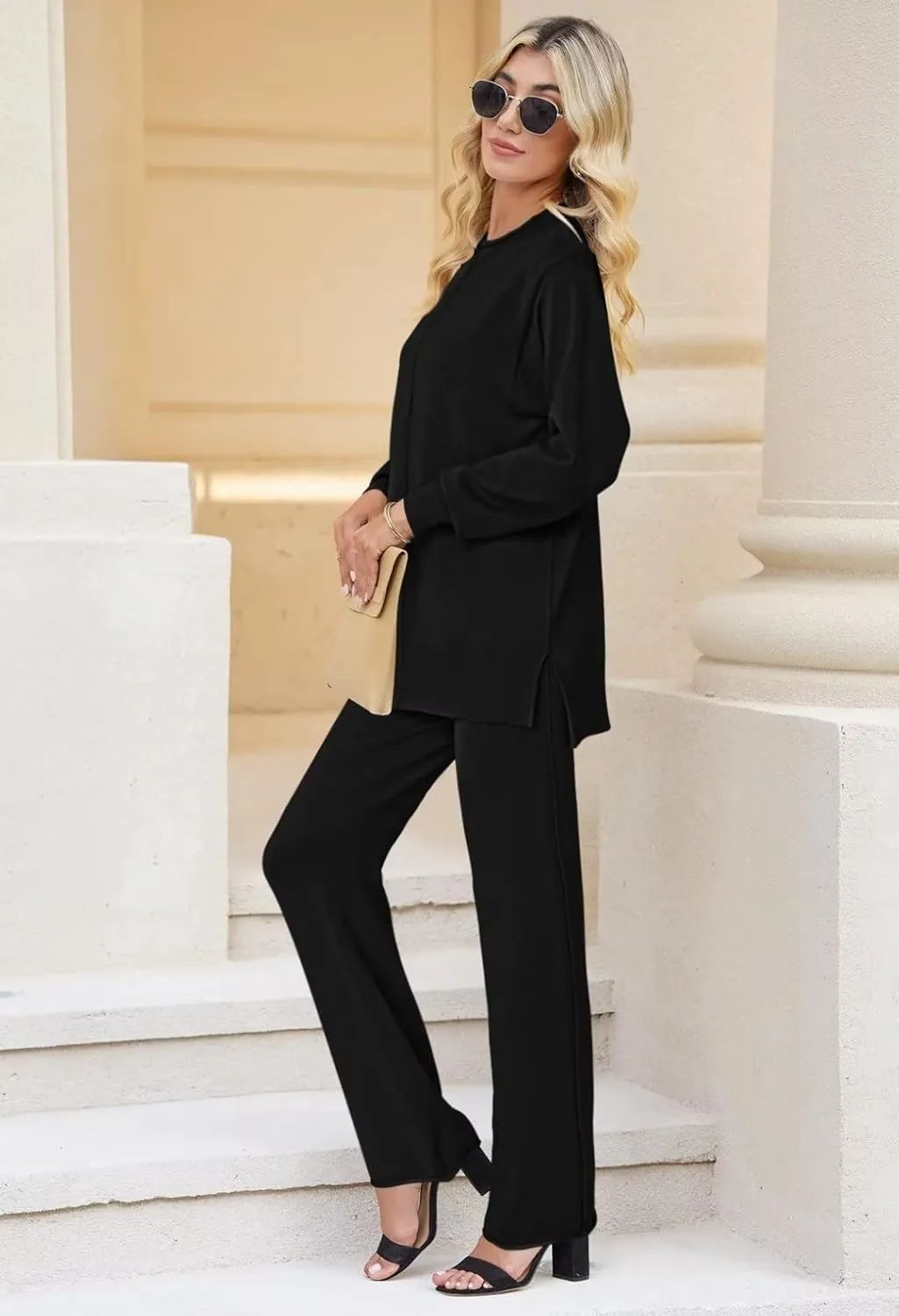 Linsery Women 2 Piece Outfits High Neck Knitted Sweater Wide Leg Pant Sweatsuit Lounge Sets