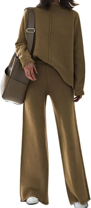 Linsery Women 2 Piece Outfits High Neck Knitted Sweater Wide Leg Pant Sweatsuit Lounge Sets