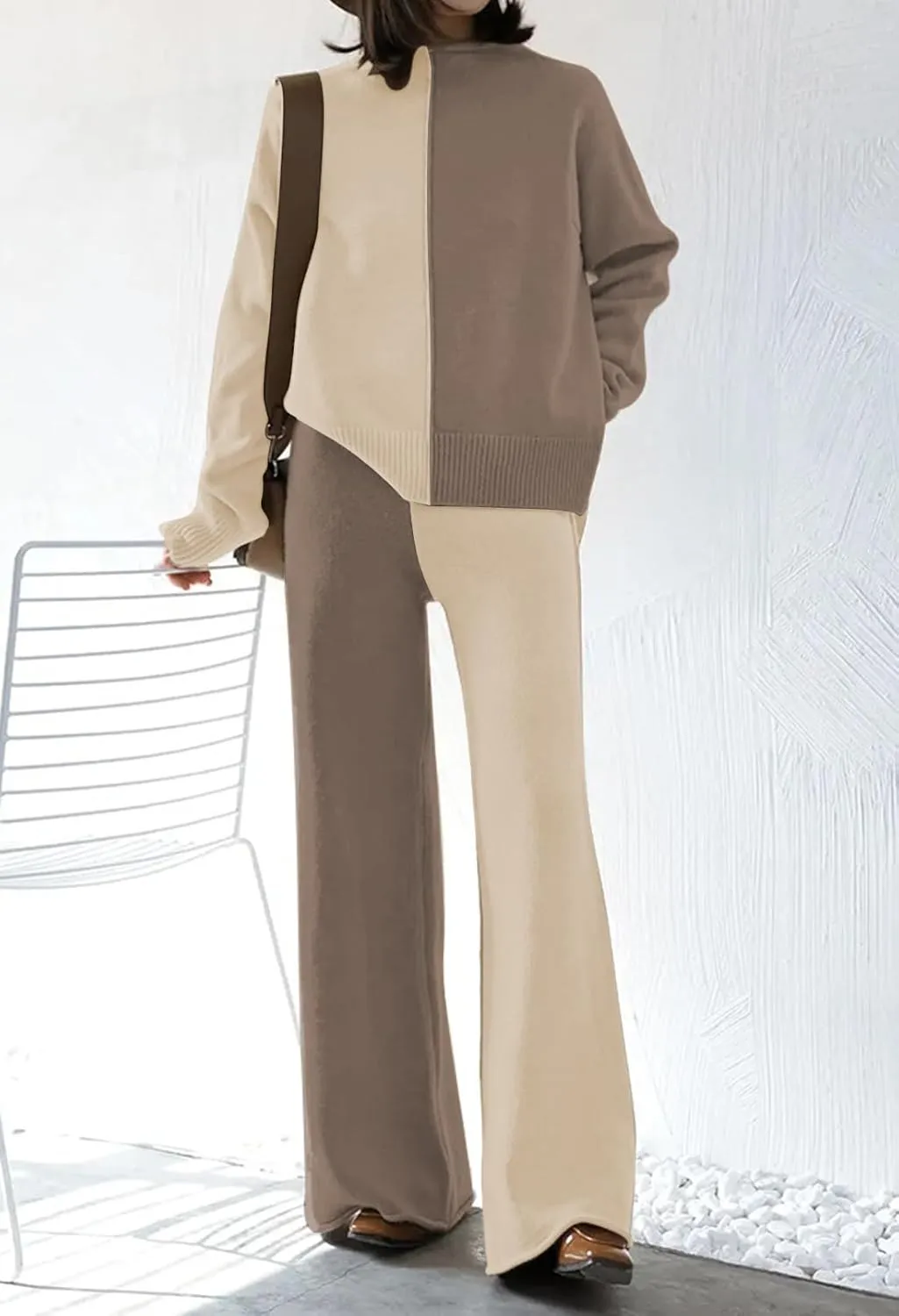 Linsery Women 2 Piece Outfits High Neck Knitted Sweater Wide Leg Pant Sweatsuit Lounge Sets
