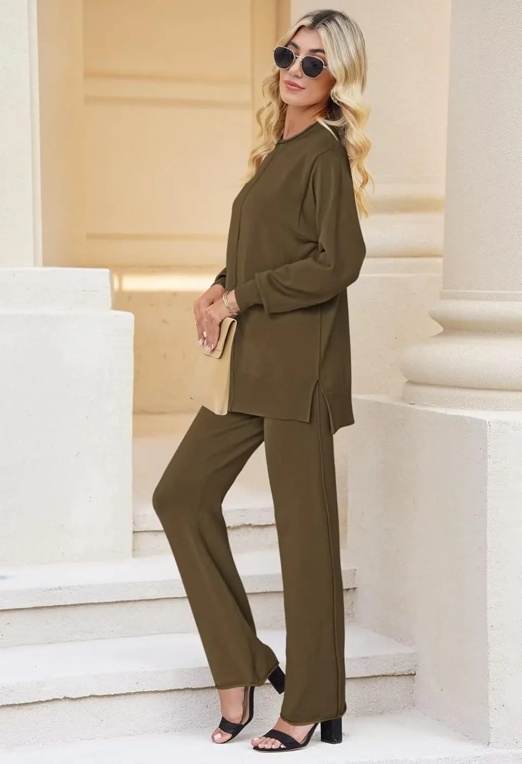 Linsery Women 2 Piece Outfits High Neck Knitted Sweater Wide Leg Pant Sweatsuit Lounge Sets