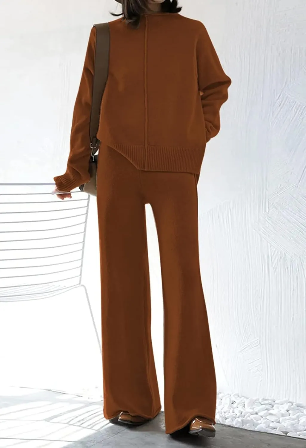Linsery Women 2 Piece Outfits High Neck Knitted Sweater Wide Leg Pant Sweatsuit Lounge Sets