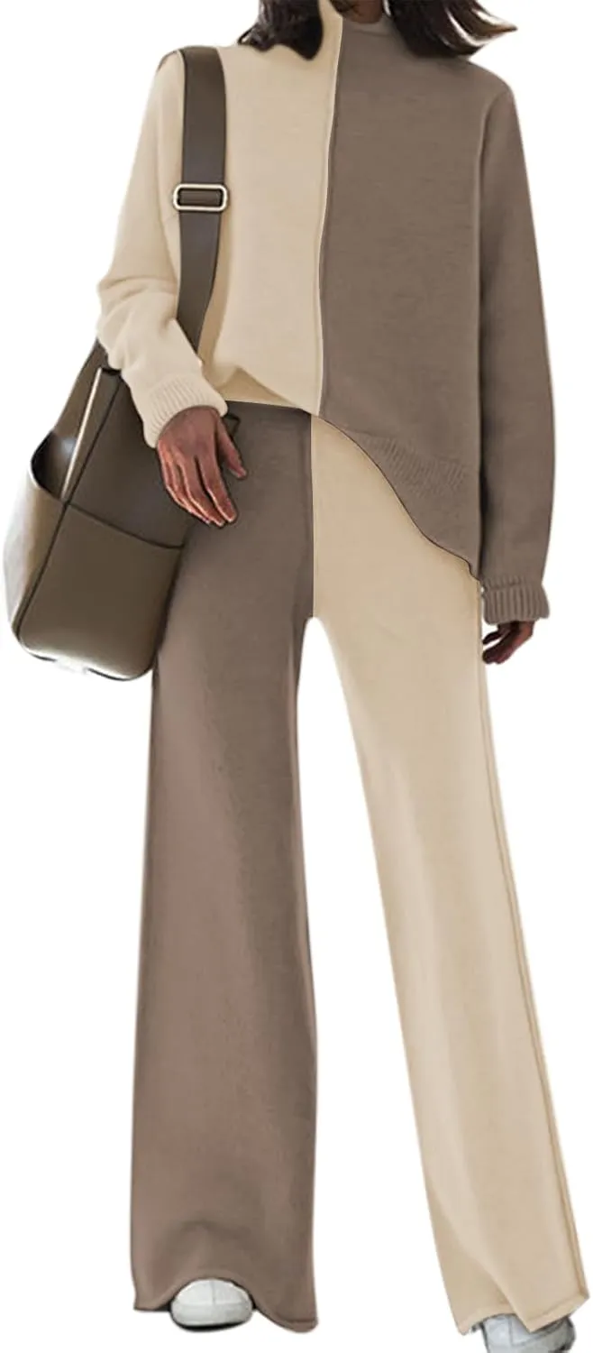 Linsery Women 2 Piece Outfits High Neck Knitted Sweater Wide Leg Pant Sweatsuit Lounge Sets