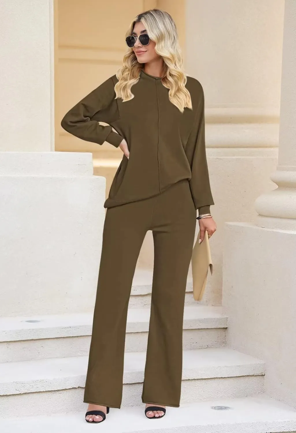 Linsery Women 2 Piece Outfits High Neck Knitted Sweater Wide Leg Pant Sweatsuit Lounge Sets