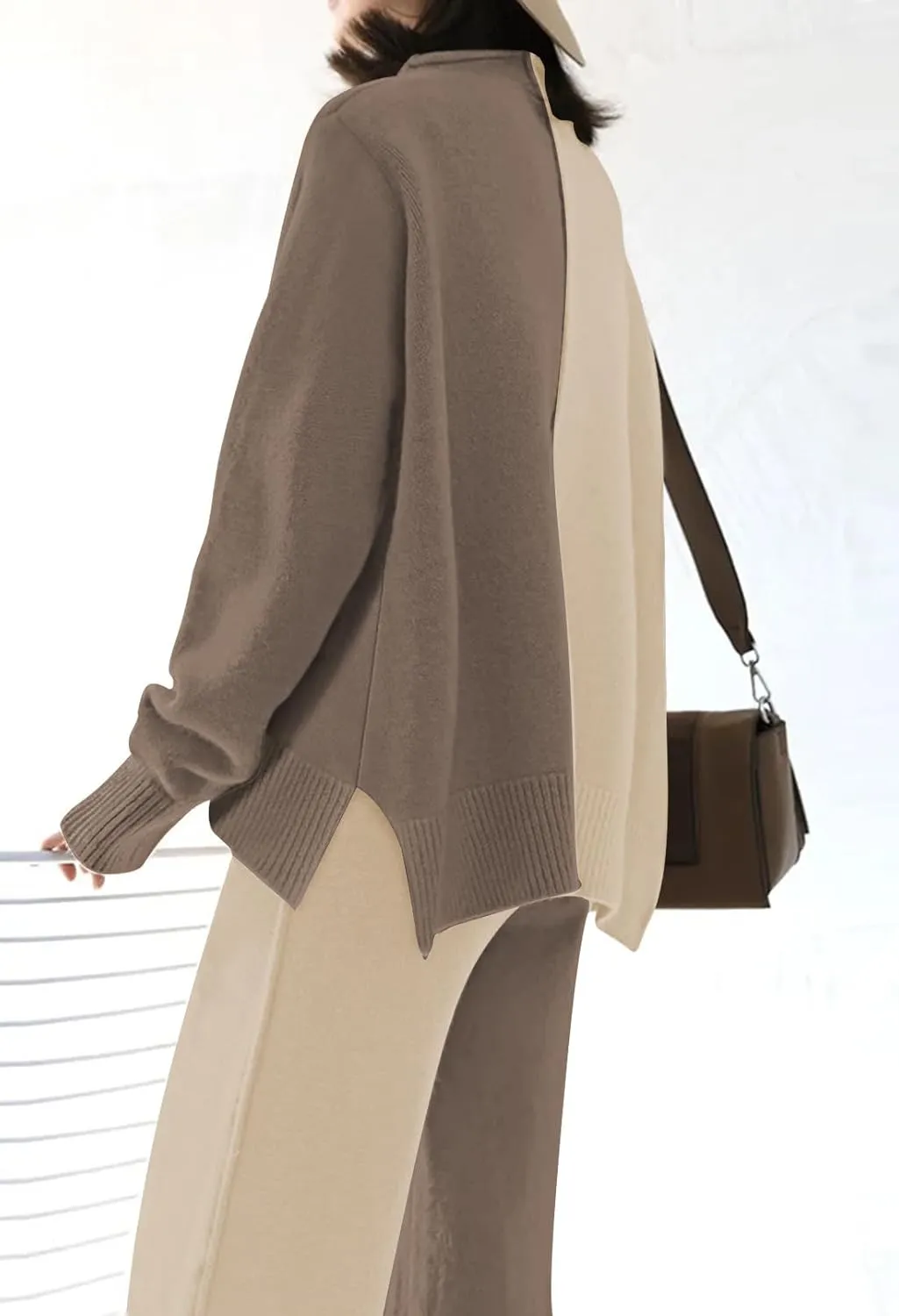 Linsery Women 2 Piece Outfits High Neck Knitted Sweater Wide Leg Pant Sweatsuit Lounge Sets