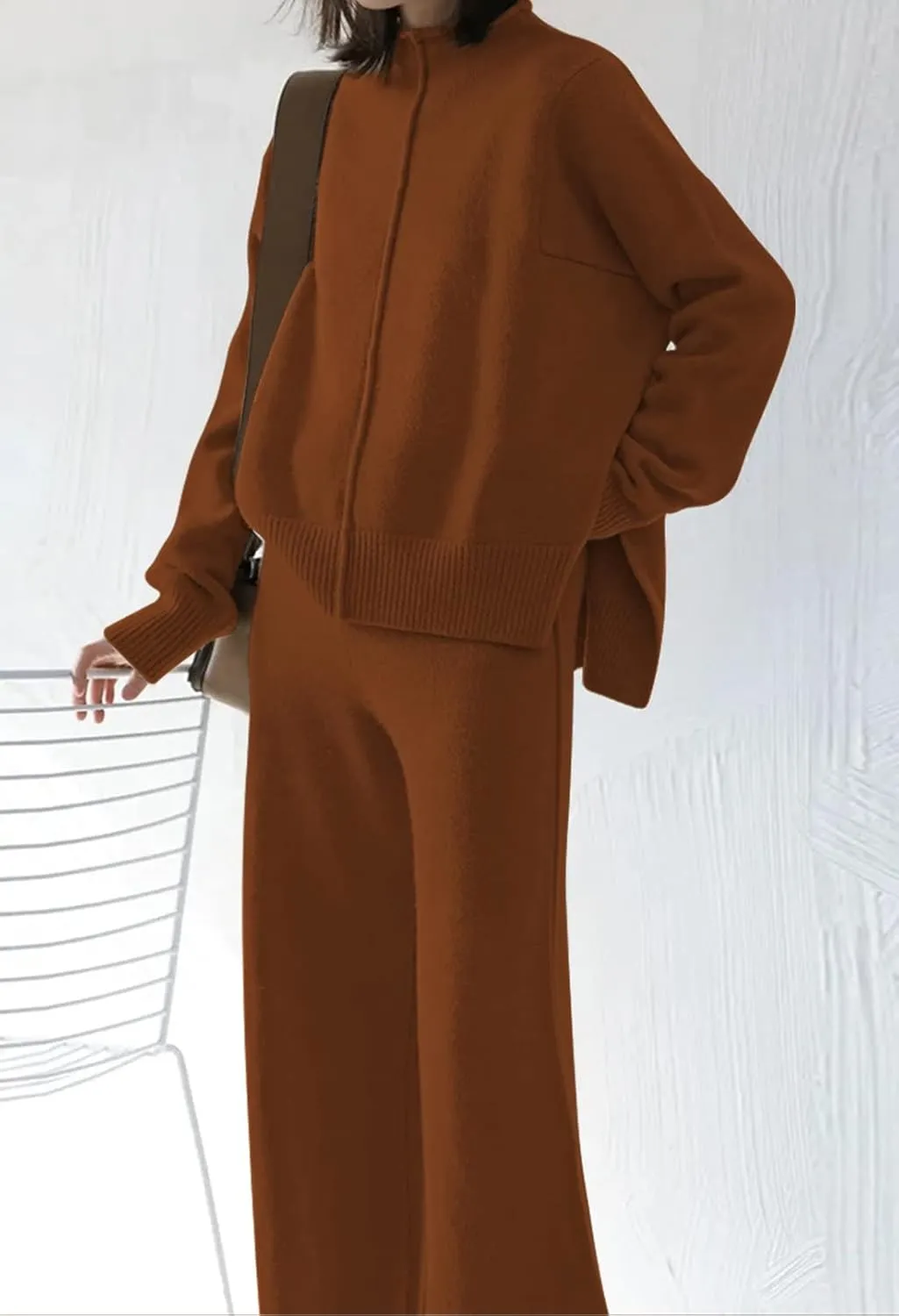 Linsery Women 2 Piece Outfits High Neck Knitted Sweater Wide Leg Pant Sweatsuit Lounge Sets