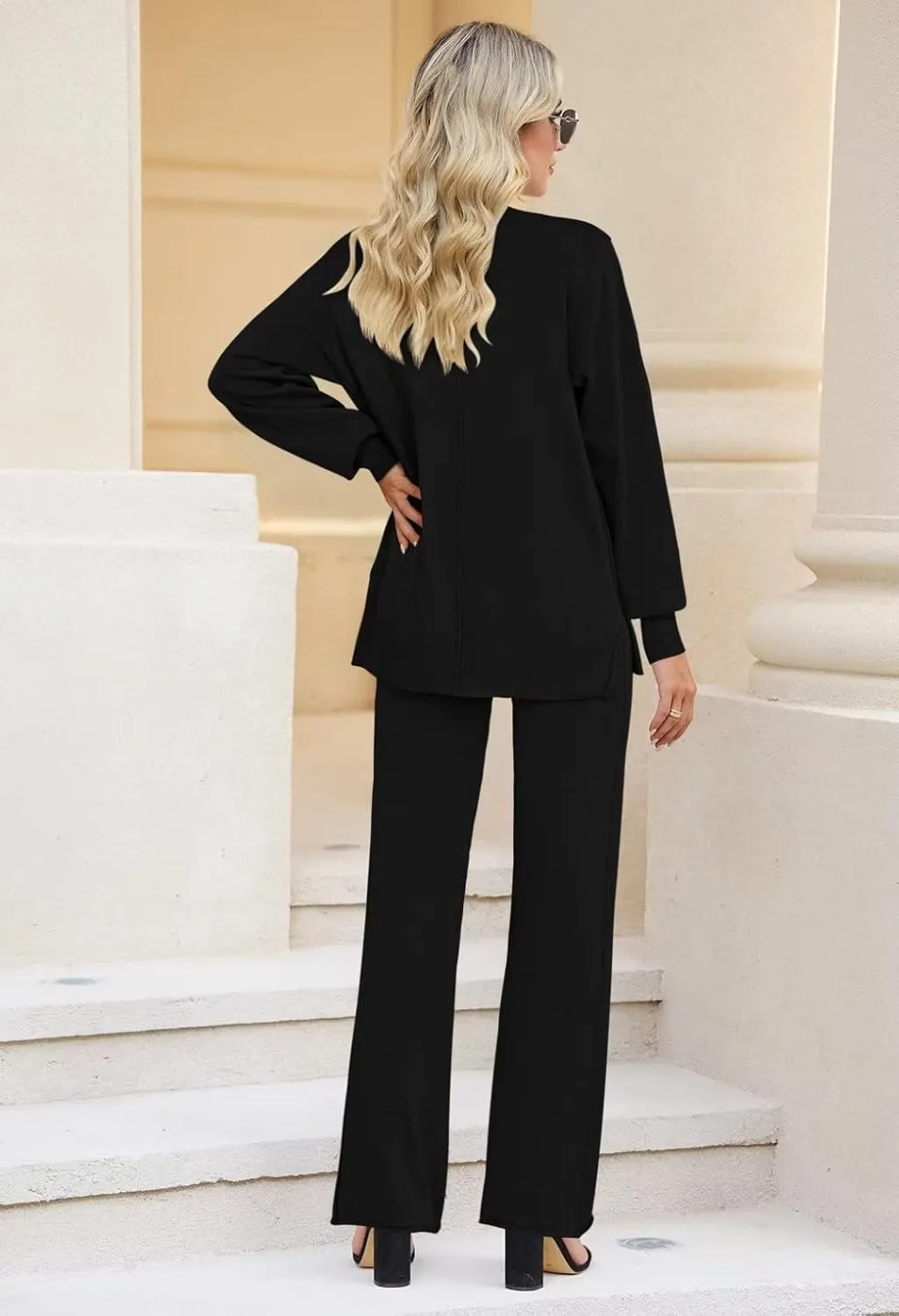 Linsery Women 2 Piece Outfits High Neck Knitted Sweater Wide Leg Pant Sweatsuit Lounge Sets