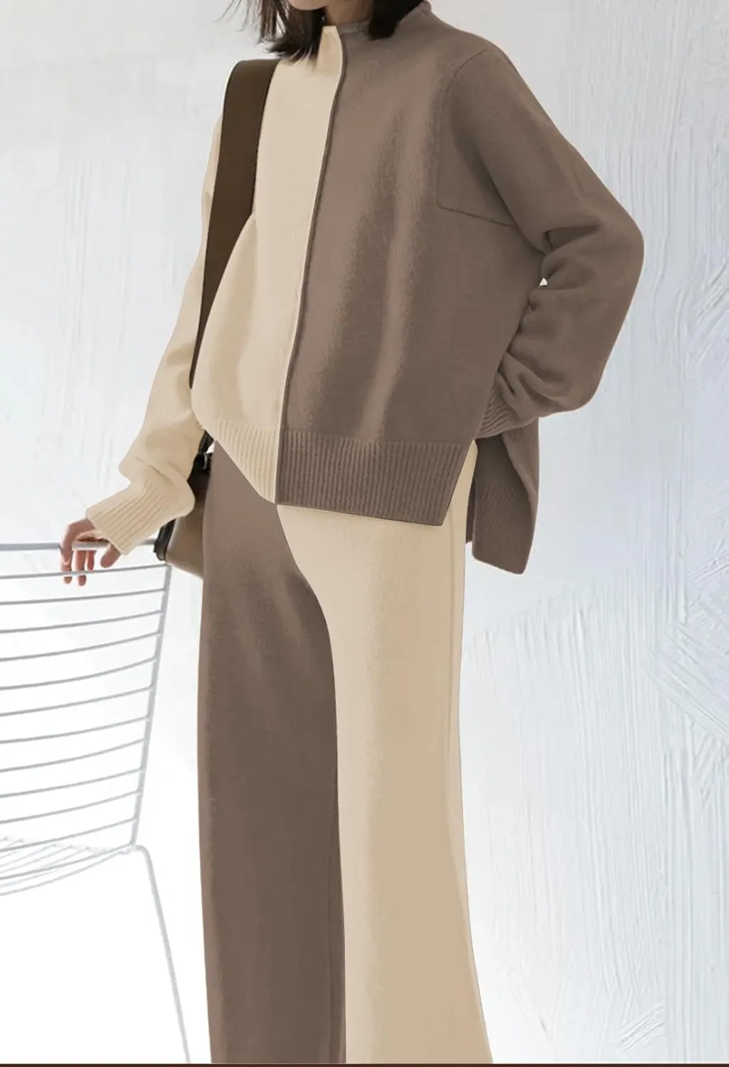 Linsery Women 2 Piece Outfits High Neck Knitted Sweater Wide Leg Pant Sweatsuit Lounge Sets