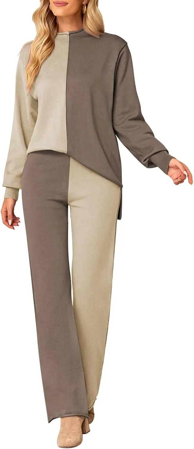 Linsery Women 2 Piece Outfits High Neck Knitted Sweater Wide Leg Pant Sweatsuit Lounge Sets